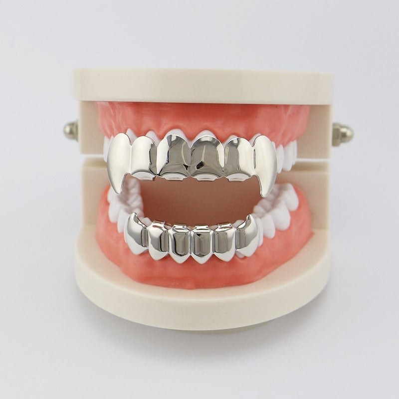 OOCC 18K Gold Silver Plated Hip Hop Vampire Fangs Teeth Grillz Caps Top and Bottom Set for Your Teeth - Image 3